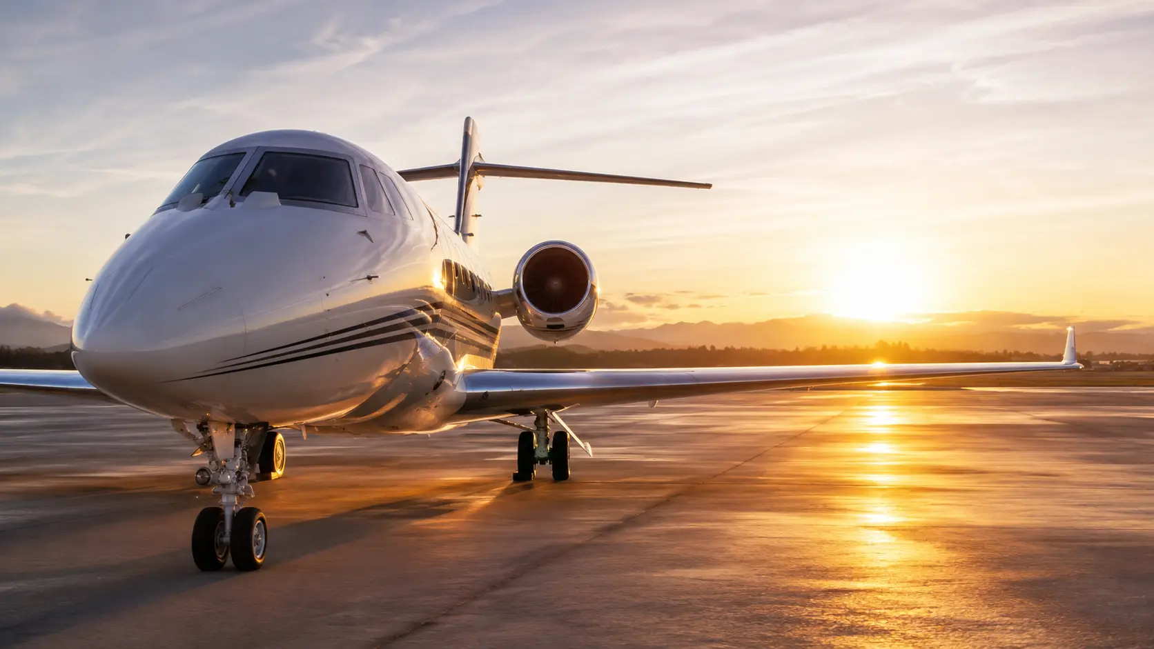 Private jet approaching the terminal at sunrise