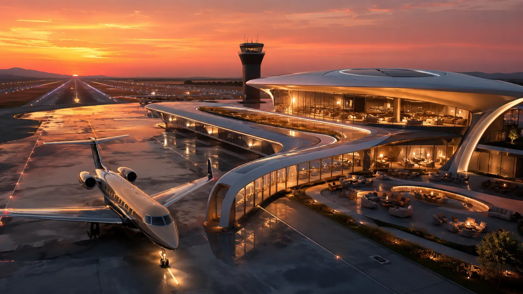 Private aviation terminal and lounge at sunset
