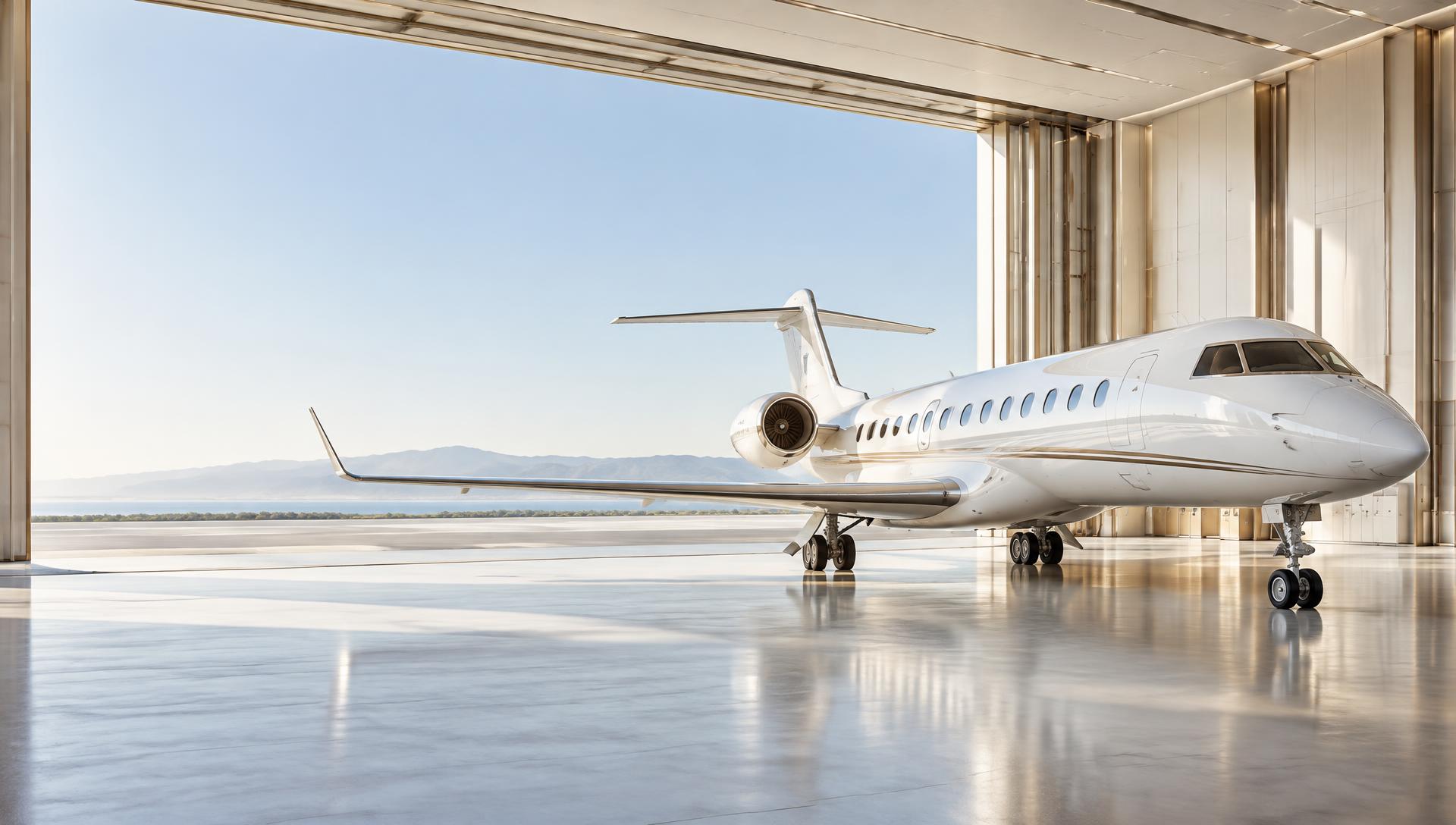 Long-range private jet in a bright contemporary hangar